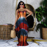 Women Plus Size Maxi Dresses Tie-Dye Print Loose Strap Maxi Dress