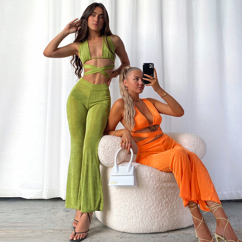 Women Top & Pant 2 Piece Set Summer Sexy Hollow out Vest Slim Pants Suit