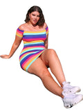 Women Plus Size Mini Dresses Casual Sports Short Sleeve Striped Off-Shoulder Dress