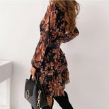 Beth Dutton Bohemian Dress Winter Autumn Midi Dresses Printed V-neck Long Sleeve Belt Flounced Skirt