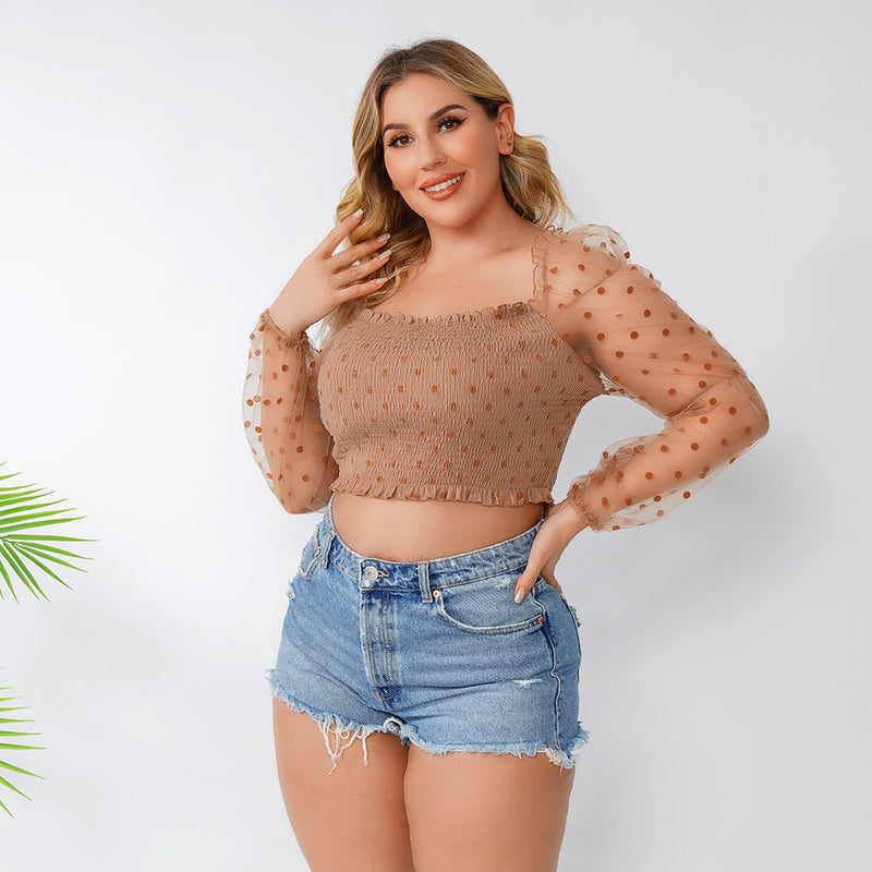 Women Plus Size Tops Fashion Off-Shoulder Polka Dot Summer Puff Sleeve Sexy Top