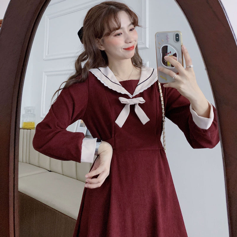 Gothic Lolita Harajuku Style Clothing Autumn Hepburn Style French Waist-Tight Midi Dress