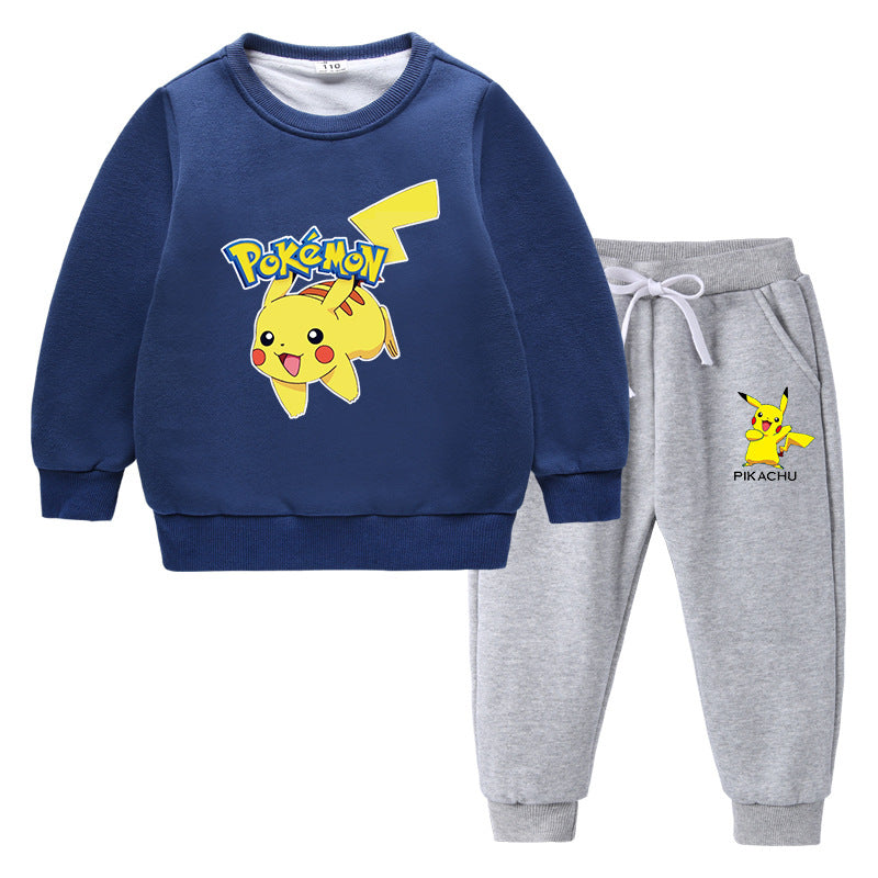 Children Pokemon Pikachu Hoodie & Pant Set Fleece Lined Padded Warm Keeping Winter Clothes Sweatershirt Suit