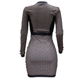 Women Dress Winter Vintage Slim-Fit Contrast Colors Cardigan Printed Dress