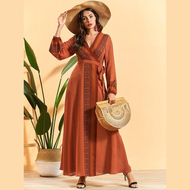 Bohemian V-neck Vintage Printed Lace-up Lantern Sleeve Fashion Dress