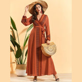 Bohemian V-neck Vintage Printed Lace-up Lantern Sleeve Fashion Dress