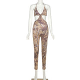 Summer Women's Sexy Low-Cut Sleeveless Printed High Waist Hip Lift Tight Jumpsuit Women