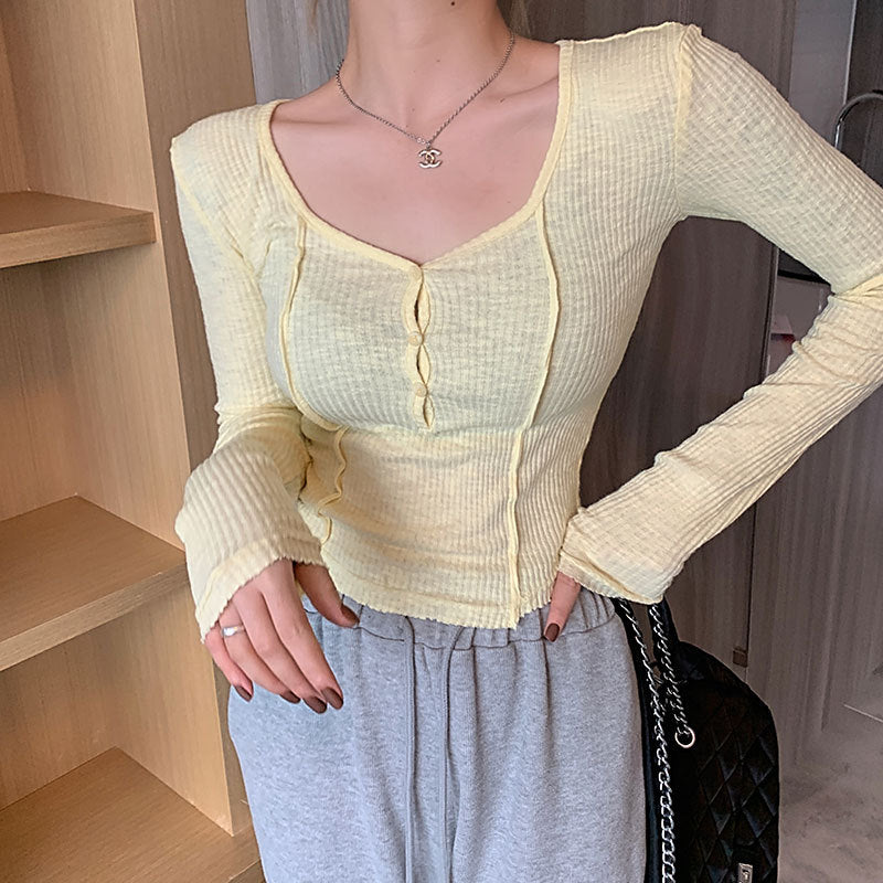 Beth Dutton Outfits Pure Desire Style T-shirt Female Short V-neck Skinny Slimming Solid Color Long Sleeve Bottoming Shirt