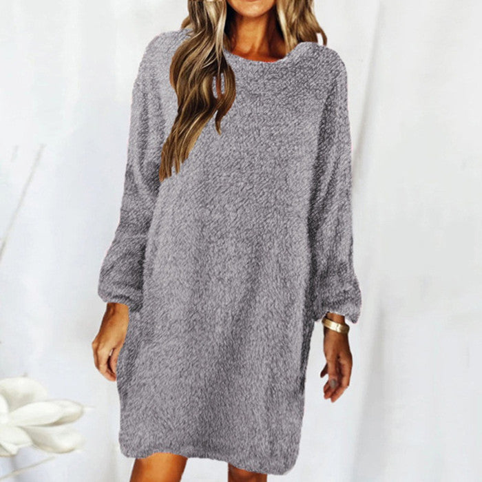 Work Dresses for Girls Autumn and Winter Solid Color Comfortable Plush Long Sleeve round Neck Loose Dress