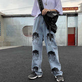 Anime Print Jeans Denim Pants Anime Print Loose Trousers for Men