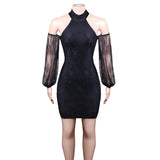 Women Bodycon Dress Spring/Summer High Neck Lace off-the-Shoulder Evening Dress Bandage Dress
