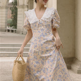 Women Cottagecore Dress Summer Vintage Skirt Dress Puff Sleeve Mid-Length Skirt