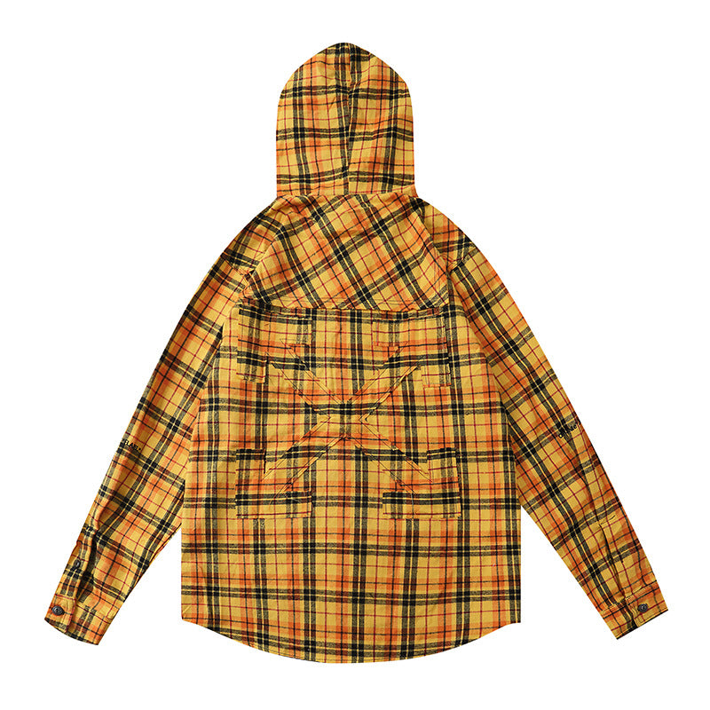 Off White Hoodie Long Sleeve Autumn Shirt Spring and Summer Plaid Striped Cardigan Hooded Shirt for Men and Women