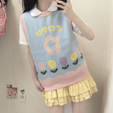 Gothic Lolita Harajuku Style Clothing College Style Blue Pink Little Flowers Sweater Vest