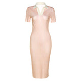 Music Festivals Rave Outfits Dress Summer Vintage Stripe Lapel Short Sleeve Slim Sheath Dress