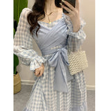 Fairy Dress Fairy Skirt Spring French Retro Bubble Long Sleeve Lace-up Ruffled Plaid Dress Midi Princess Dress