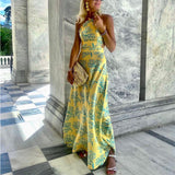Women Bohemian Dress Summer Slim Fit Backless Printed Long Dress
