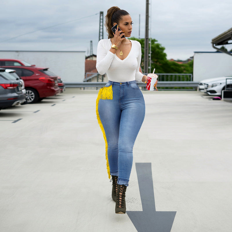 Women Plus Size Jeans Long Fringe Skinny Pants