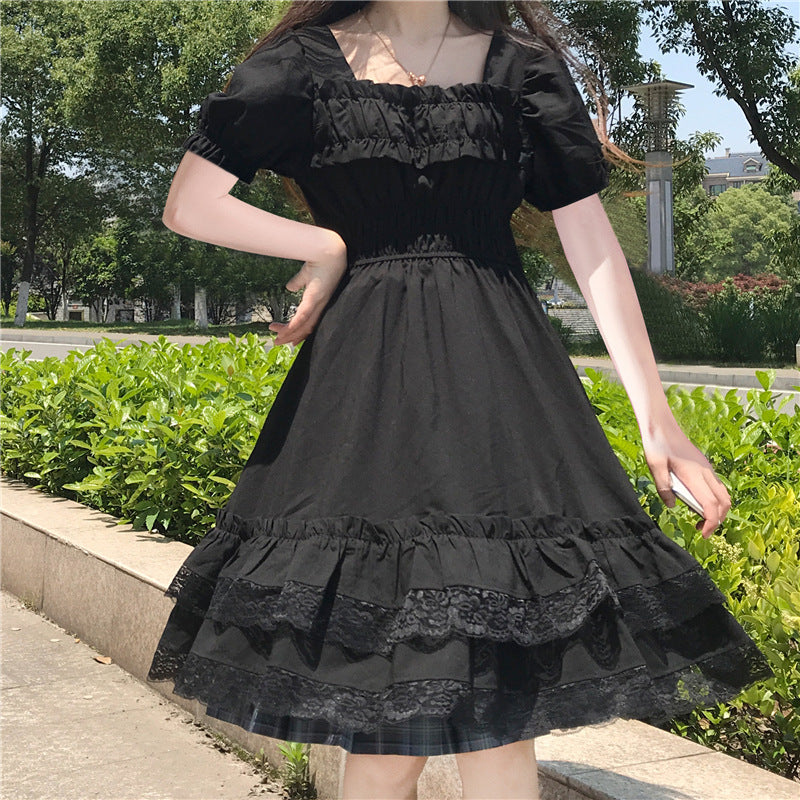 Gothic Lolita Harajuku Style Clothing Lace Black Puff Sleeve Hepburn Black Dress Dress