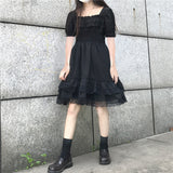 Gothic Lolita Harajuku Style Clothing Lace Black Puff Sleeve Hepburn Black Dress Dress