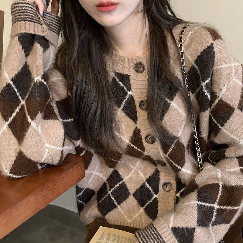 Preppy Aestitic Outfits Plaid Knitted Cardigan Jacket