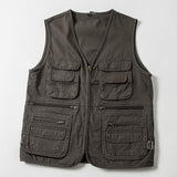 Men Utility Vest Work Zipper Tactical Work Vest Slim Pocket Jacket Multi-Pocket Retro Workwear Vest
