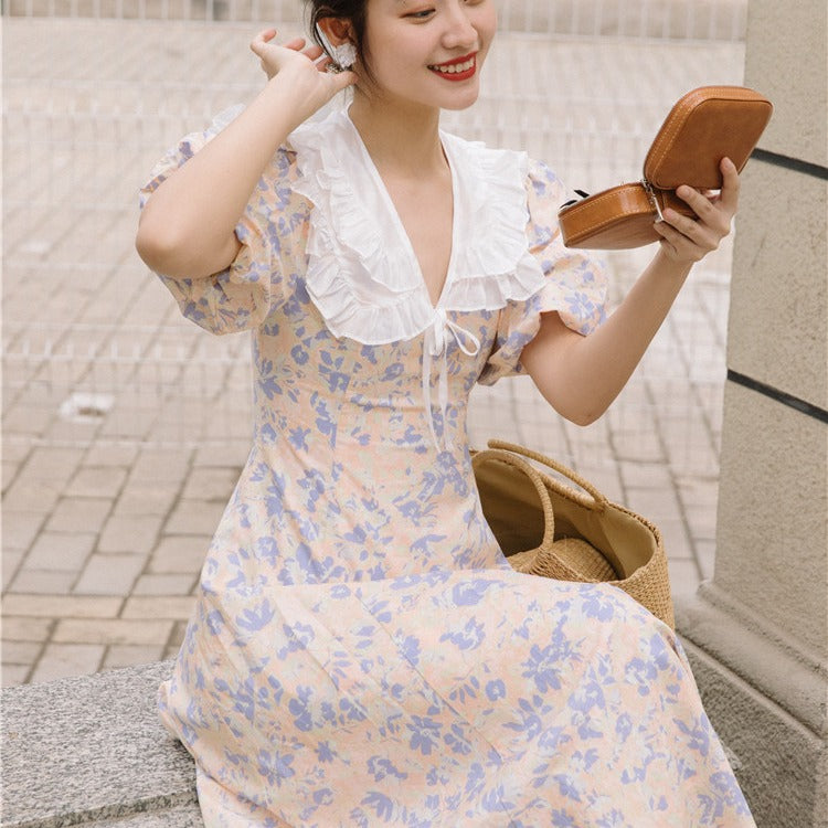 Women Cottagecore Dress Summer Vintage Skirt Dress Puff Sleeve Mid-Length Skirt