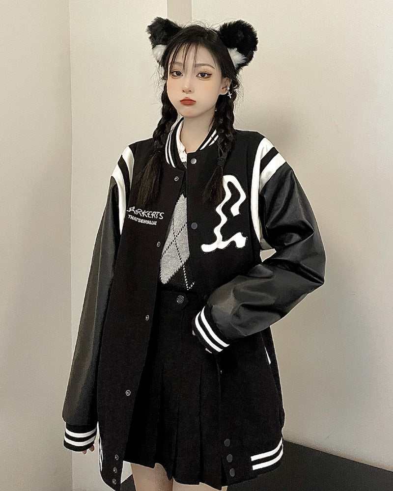 Gothic Lolita Harajuku Style Clothing Autumn and Winter Stitching Baseball Uniform Loose Leather Jacket Jacket