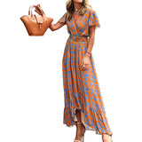 Women Bohemian Dress Women's Summer Sexy V-neck Short Sleeve Printed Dress