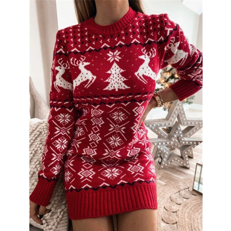 Sweater Dress Outfit With Tights 2 Pieces Set Christmas Sweater Sexy Christmas Theme Jacquard Long Sleeve Knitted Dress