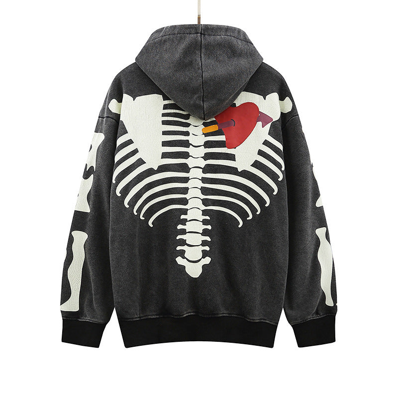 Skeleton Hoodie Washed Bone Heart Chapped Printed Hooded Terry Couple Sweater