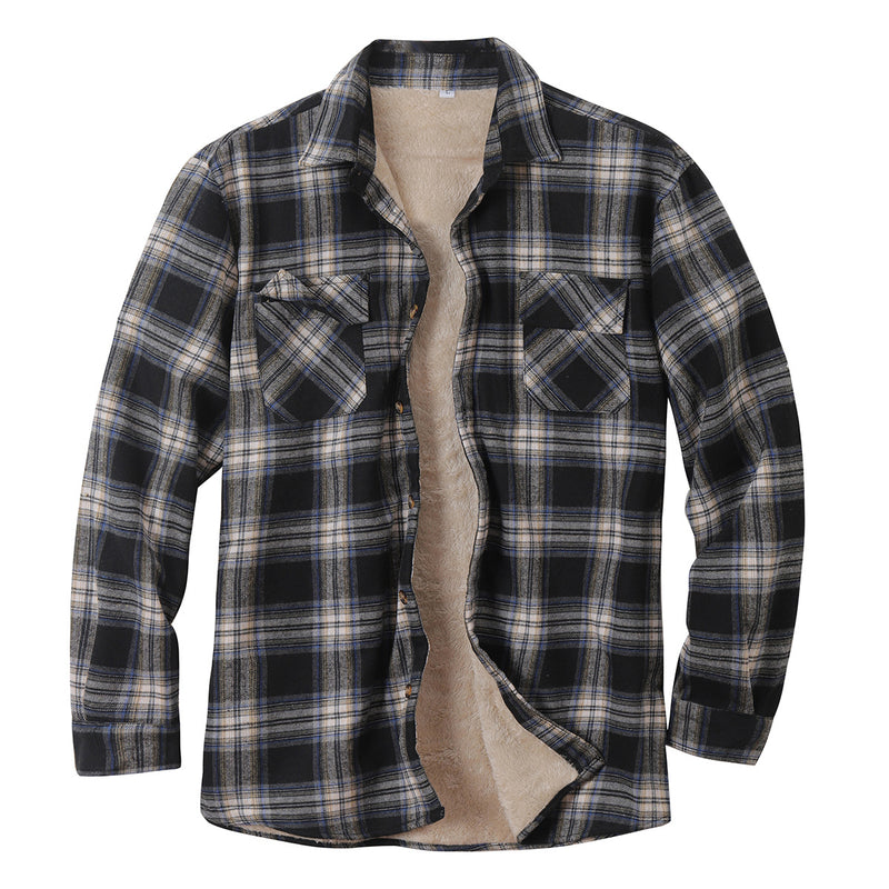 Men Flannel Jacket Autumn and Winter Plaid Fleece-Lined Warm Shirt Jacket