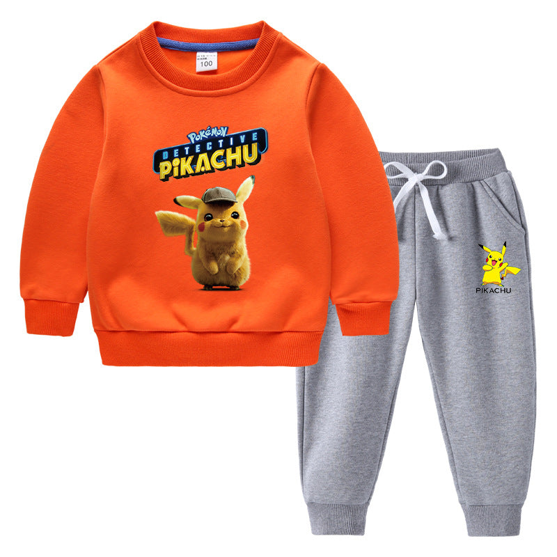 Children Pokemon Pikachu Hoodie & Pant Set Fleece Lined Padded Warm Keeping Winter Clothes Sweatershirt Suit