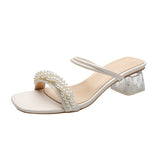 Nude Wide Fit Block Heels Pearls Strap High Heels