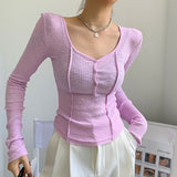 Beth Dutton Outfits Pure Desire Style T-shirt Female Short V-neck Skinny Slimming Solid Color Long Sleeve Bottoming Shirt