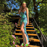 Music Festivals Rave Outfits Dress Summer Sexy Suspenders Low-Cut Slim Fit Split Print Dress