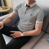 Men Polo Shirts Stretch Knitted Cotton Embroidered Slim Lapel T-shirt Striped Short Sleeve