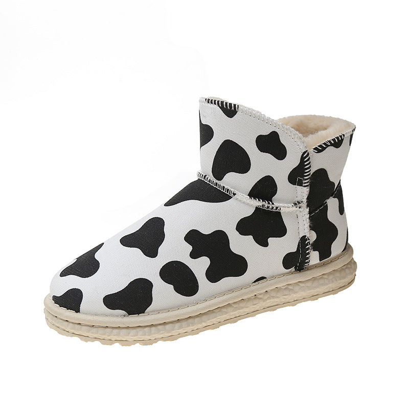 Cow Print Hey Dude Shoes Snow Boots for Women Winter Cow Fleece-Lined Warm Slugged Bottom Cotton-Padded Shoes for Women