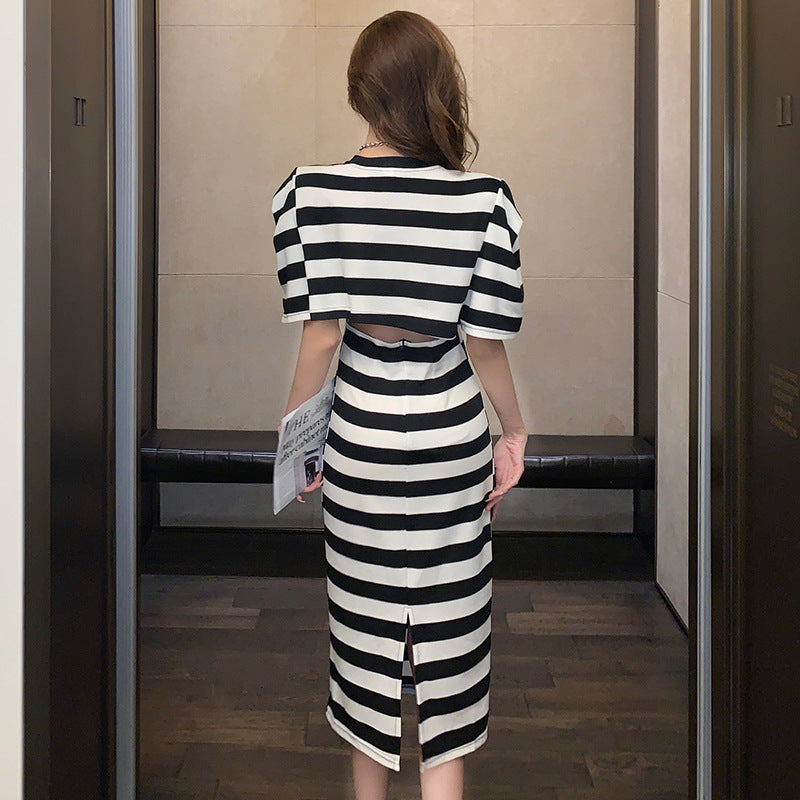 Black and White Dress Striped Dress Casual Overknee Skirt