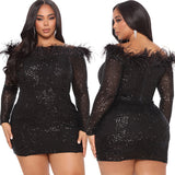 Nina Parker Dresses Large Size Sequined Elegant Slim-Fit Feather Dress
