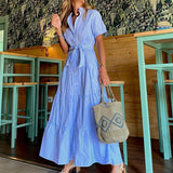 Women Bohemian Dress Fashion Striped Short Sleeve Loose Dress