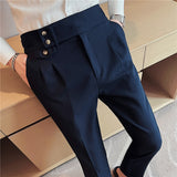 Men Trousers Slim Fit Curled Hem Men's Solid Color Long Pants