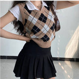 Preppy Aesthetic Outfits Short Retro Pullover Rhombus Knitted Vest Jacket Women's Pullover