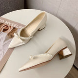 Nude Block Heel Sandals Pearl Bow High Heels Retro Shoes