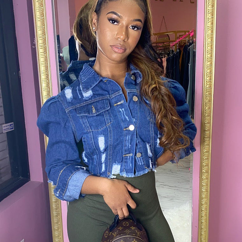 Women Denim Jacket Fashion Holes Puff Sleeve