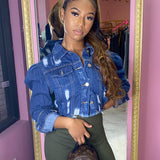 Women Denim Jacket Fashion Holes Puff Sleeve