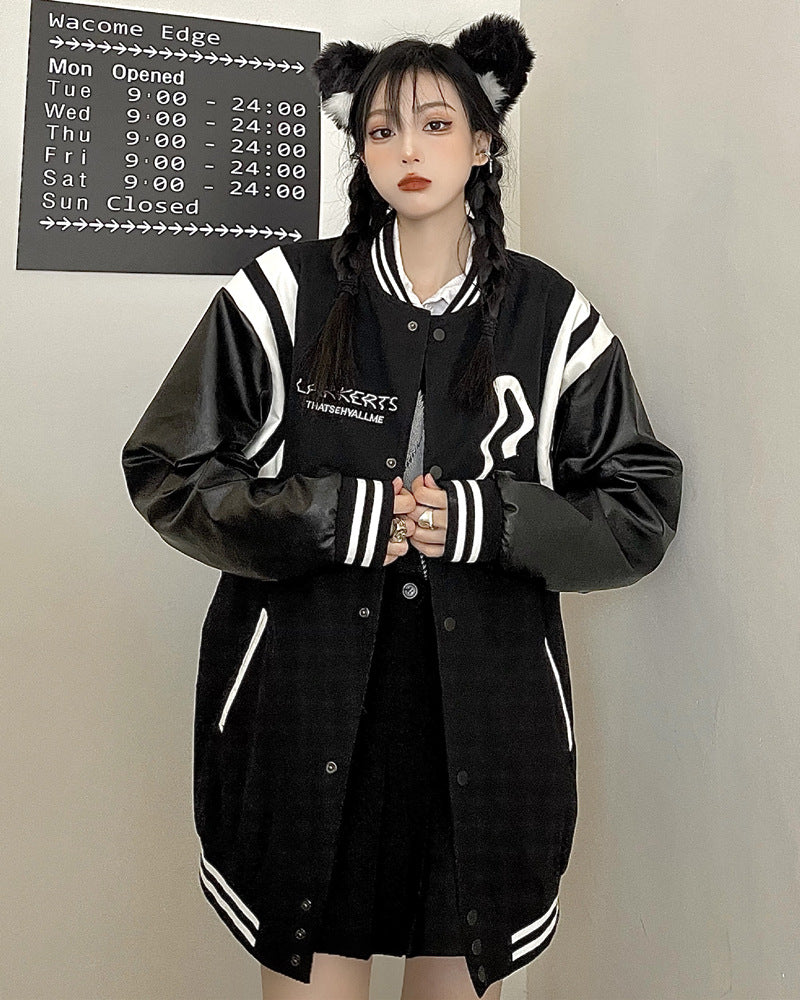 Gothic Lolita Harajuku Style Clothing Autumn and Winter Stitching Baseball Uniform Loose Leather Jacket Jacket
