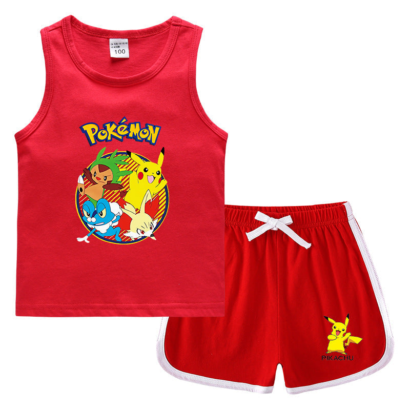 Children Pokemon Pikachu Tshirts & Shorts Vest Middle Pants Casual Sweat Wicking Suit