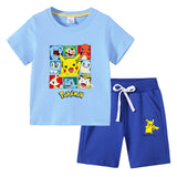 Children Pokemon Pikachu Tshirts & Shorts round Neck Half Sleeve T-shirt Suit Cotton Two-Piece Suit