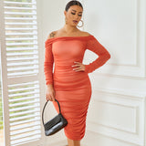 Body Fitting Dresses Solid Color Sexy Slim Party Long Sleeve Dress